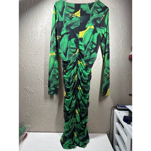 GANNI Ruched Tropical Print Green Black Yellow Stretch-Mesh Midi Dress Size 6 - Picture 4 of 6